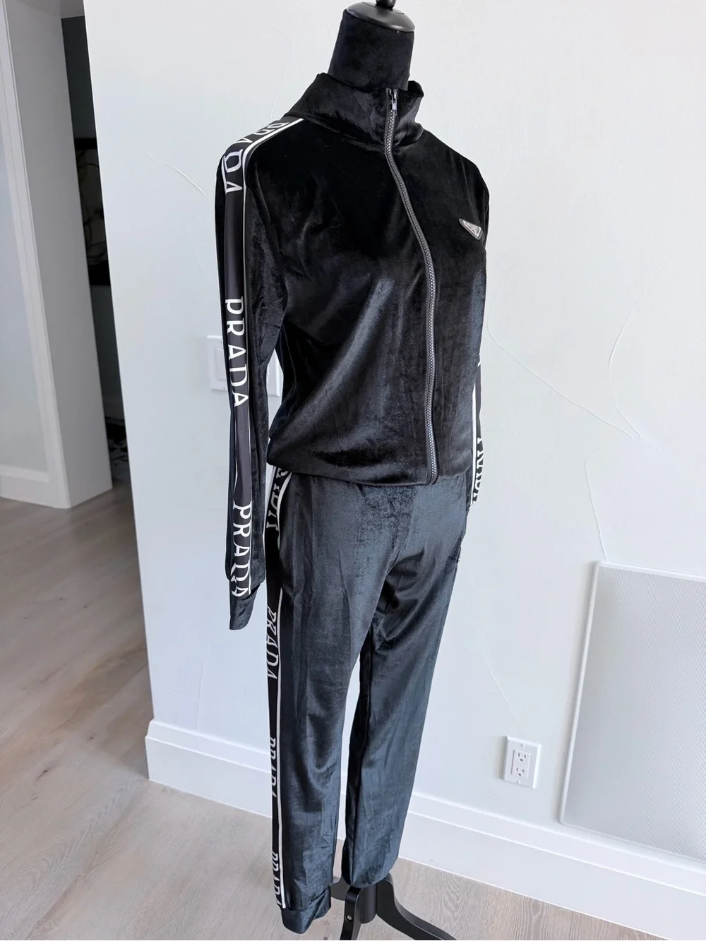 Prada Black Velour Track Jacket & Pants Set size S